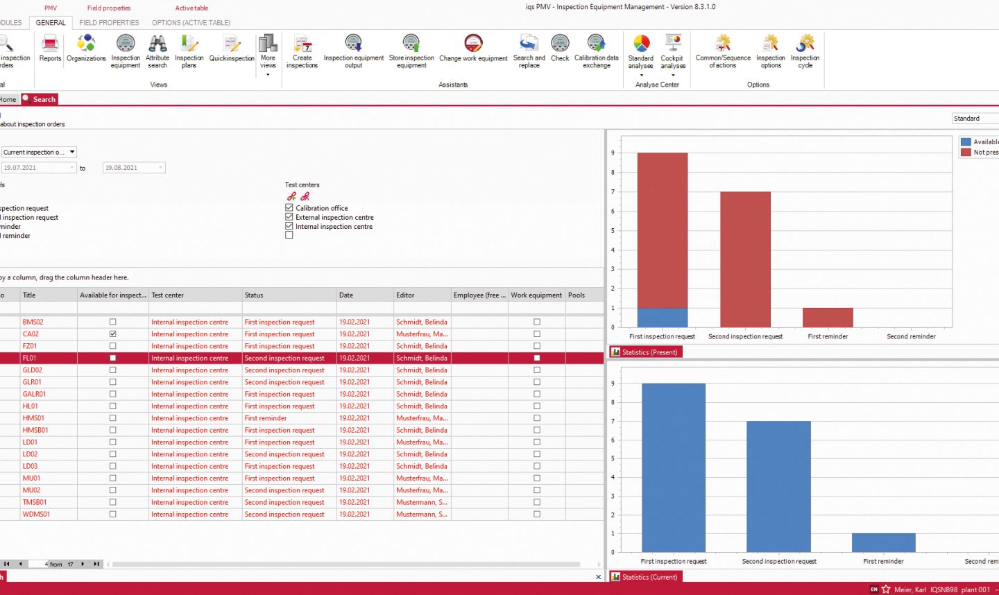 Software screen Overview of inspection orders in test equipment management