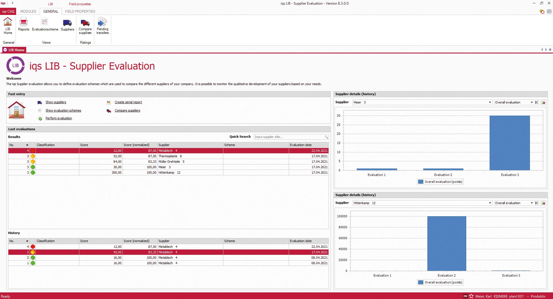 Software screen Comparison of evaluations in PeakAvenue supplier management