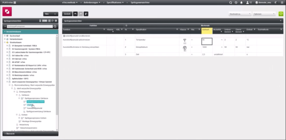 Software screen for the specification of an injection molding machine