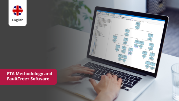 Person working on a laptop with FaultTree+ software creating a fault tree analysis (FTA methodology).