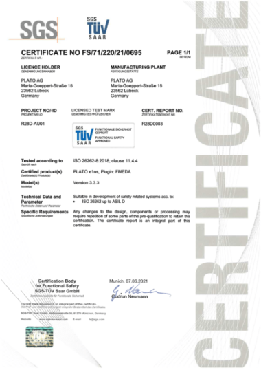 Screenshot of the certificate for PLATO e1ns FMEDA