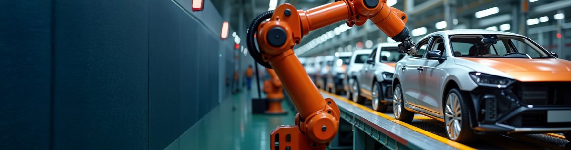 Industrial robot assembling cars on a modern production line in the automotive manufacturing industry.