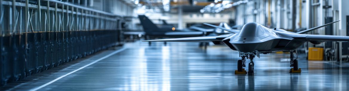 Combat drone in an aerospace and defense manufacturing facility