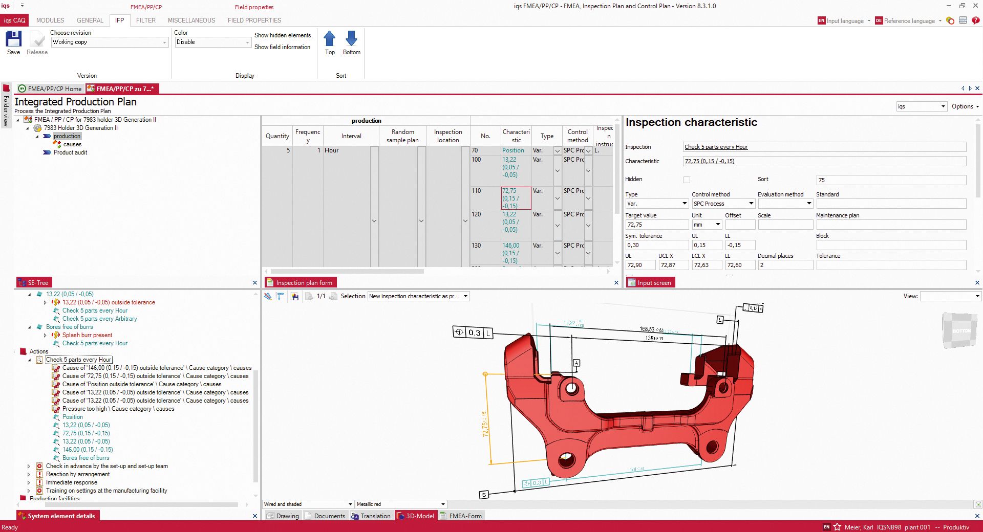 Software screen Inspection Characteristic with 3D model