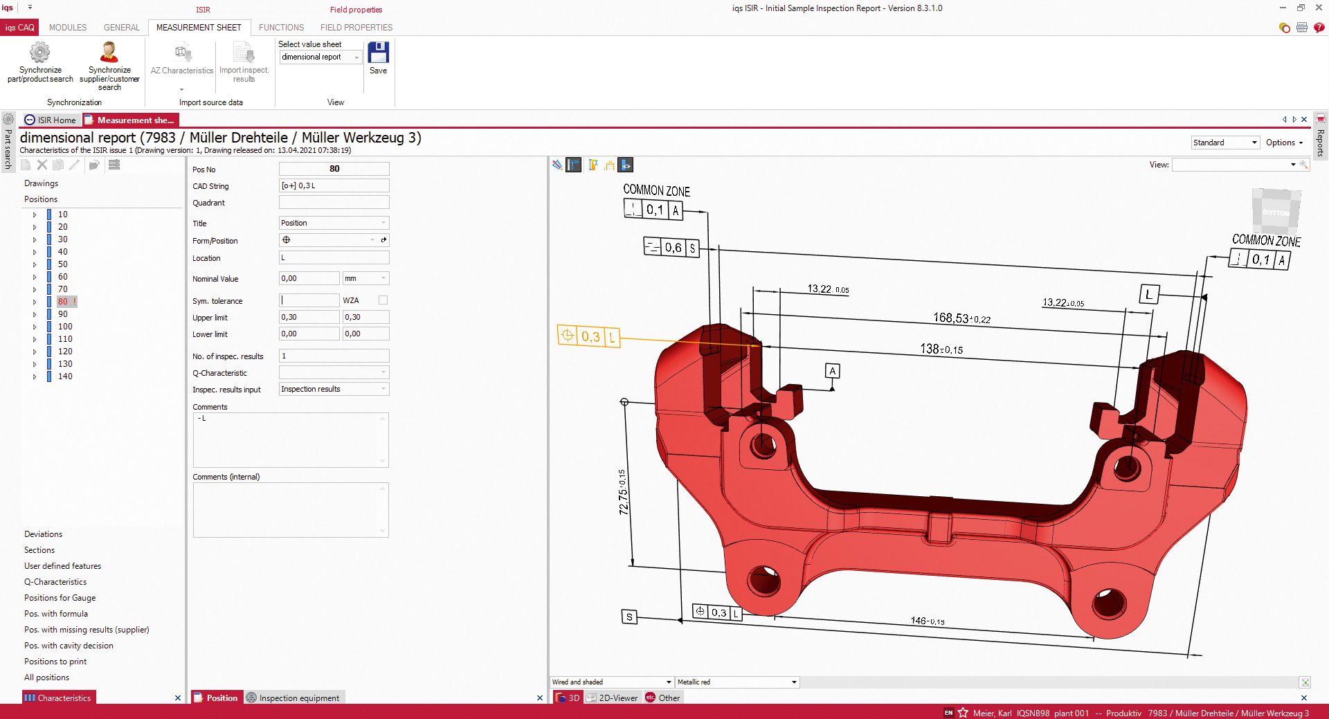 Software screen of a measurement report with 3D PDF