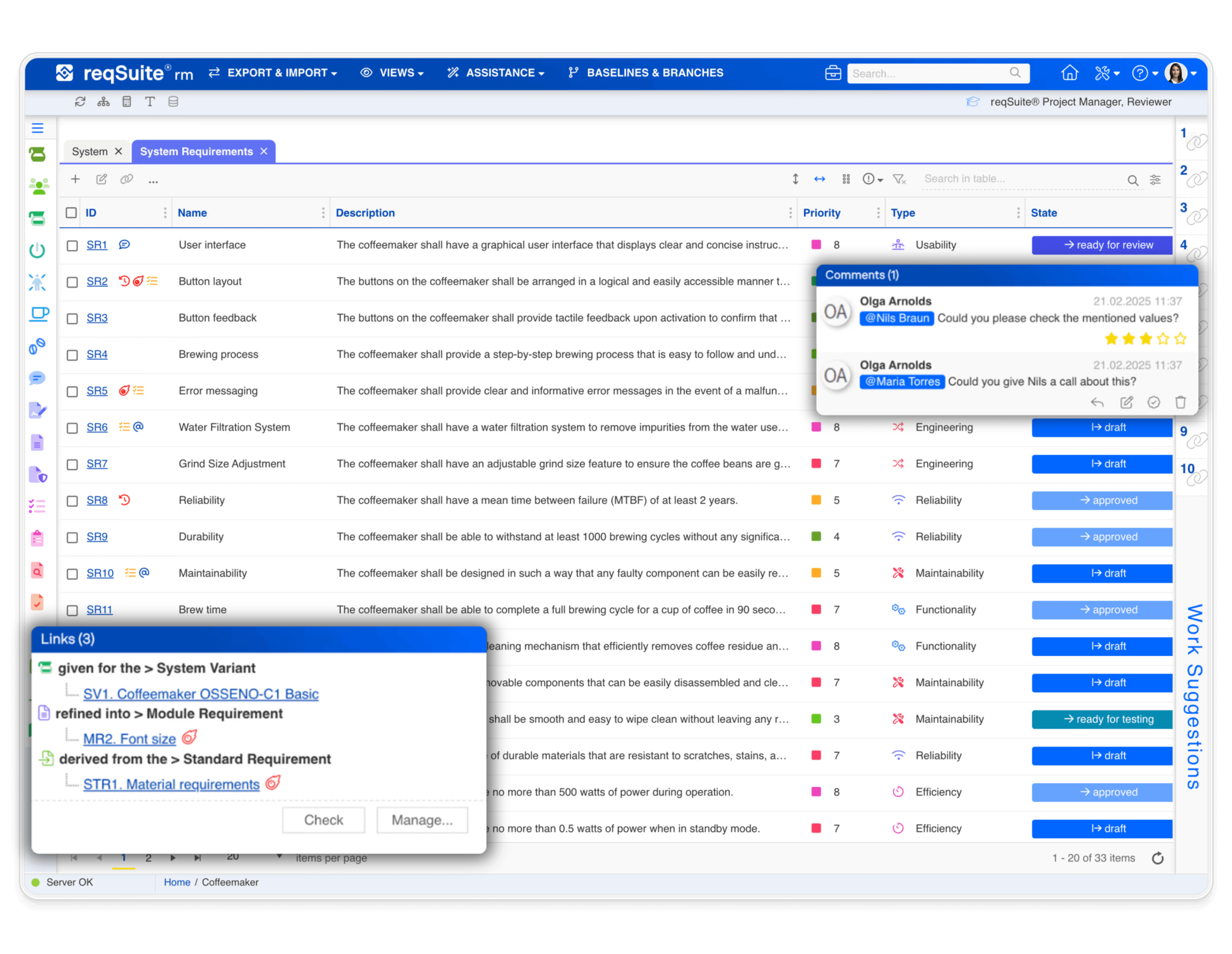 User interface of the requirements management software reqSuite® rm showing structured requirements, priorities, statuses, responsibilities, and comment features