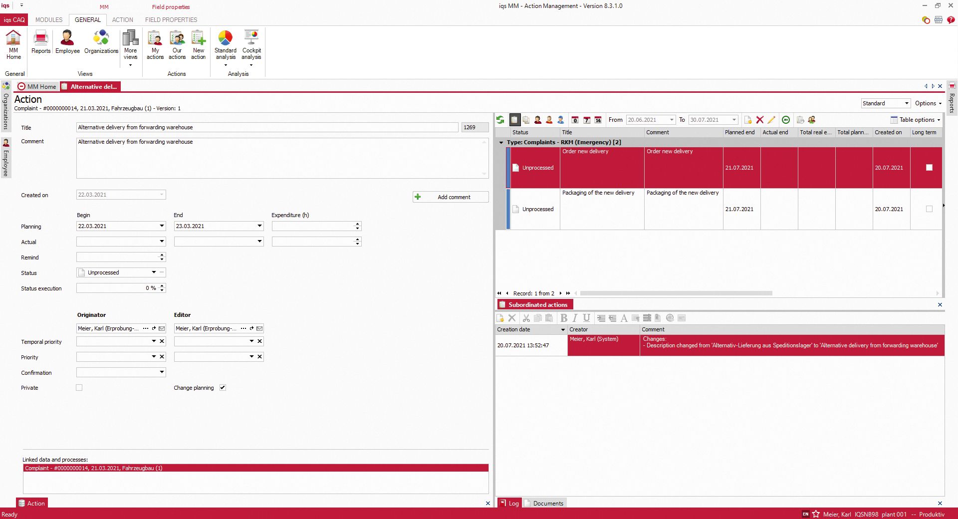 Software screen Processing of actions and sub-actions