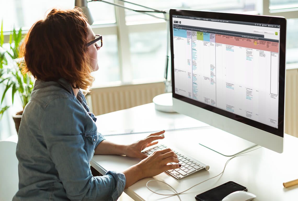 A woman sits in front of a monitor and works on an FMEA