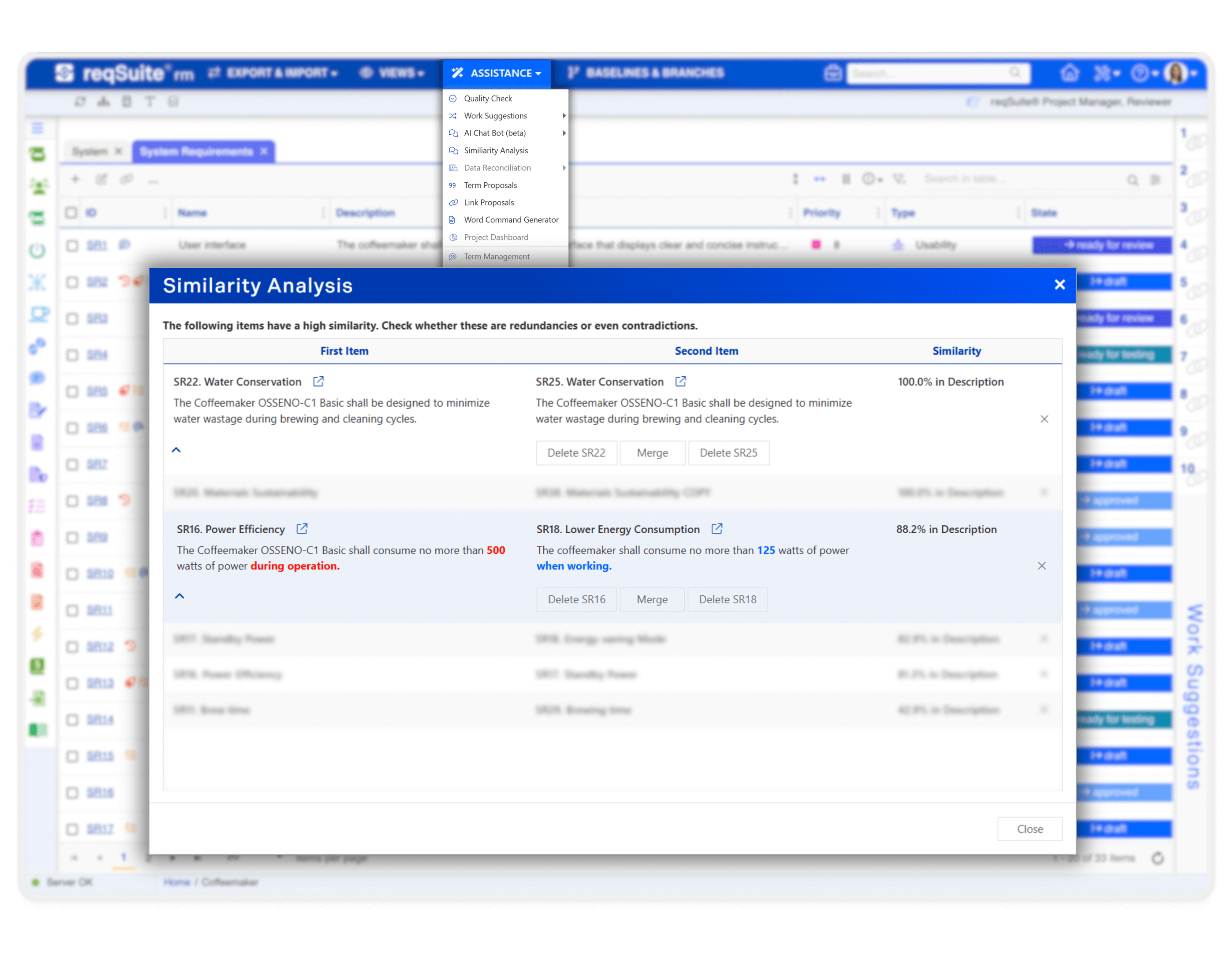 User interface of the requirements management software reqSuite® rm featuring a similarity analysis to detect redundant or conflicting requirements