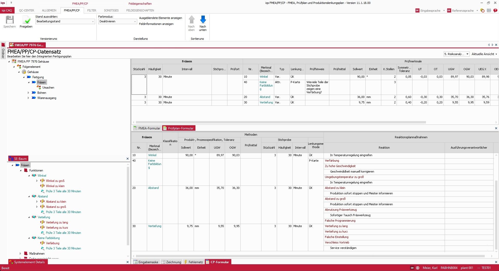 Control Plan software view with integrated FMEA and inspection plan. Quality control for the milling process showing failure causes, actions, RPN ratings, and process monitoring.