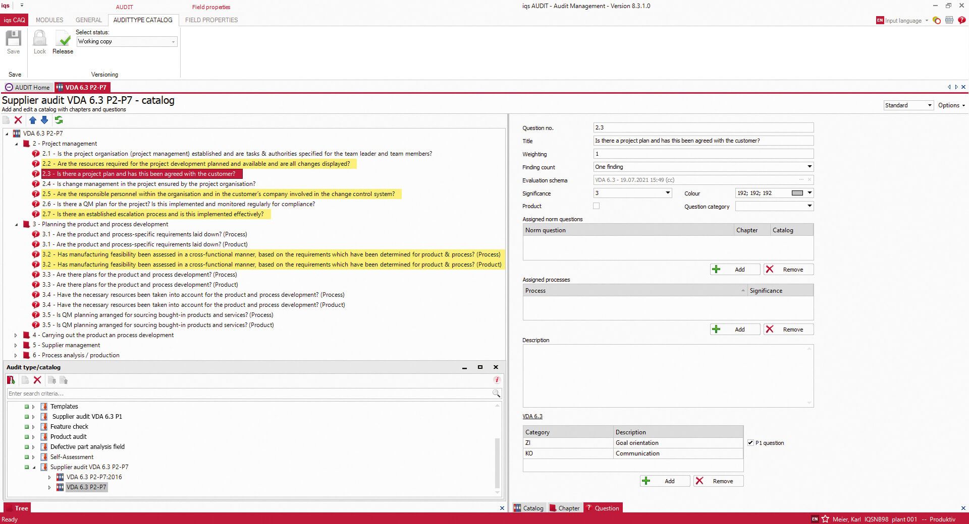 Software screen audit management question catalog according to VDA 6.3