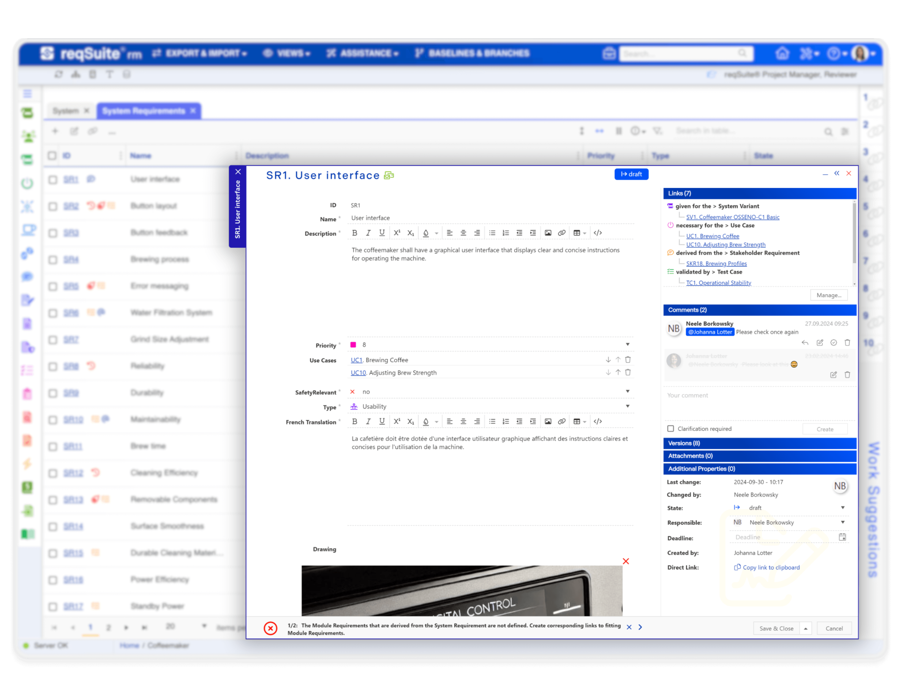Detailed requirement view in the requirements management software reqSuite® rm showing description, priority, linked items, comments, and a graphical visualization