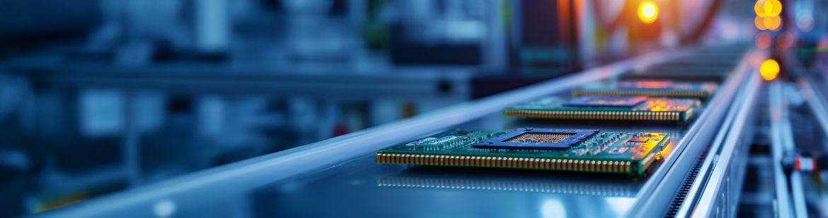 Microchips on a conveyor belt in an automated electronics manufacturing plant