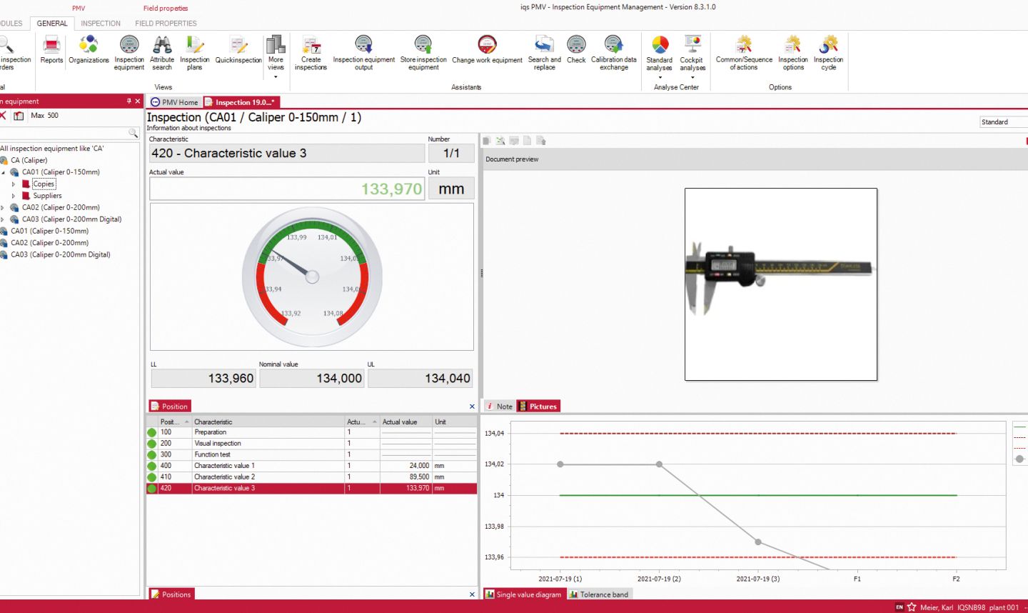Software screen Calibration of inspection equipment in the inspection equipment management