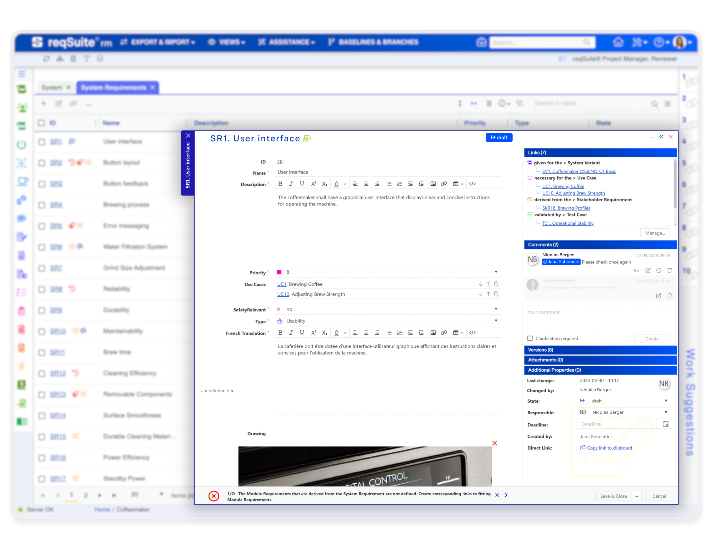 Detailed requirement view in the requirements management software reqSuite® rm showing description, priority, linked items, comments, and a graphical visualization