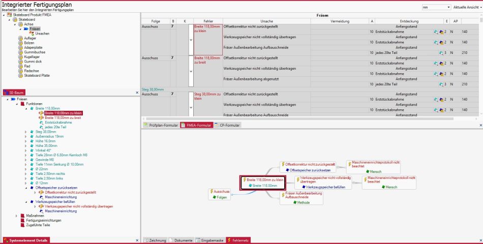 Software Screen FMEA-Software mit Darstellung der Wirkungsketten im Fehlernetz.
