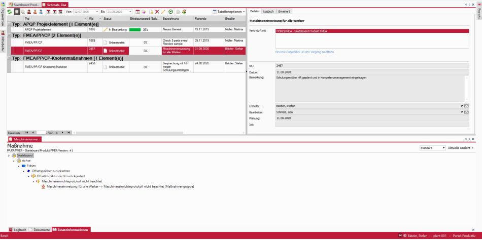 Software Screen FMEA-Software mit Darstellung der To-do-Liste mit Informationen zur FMEA.