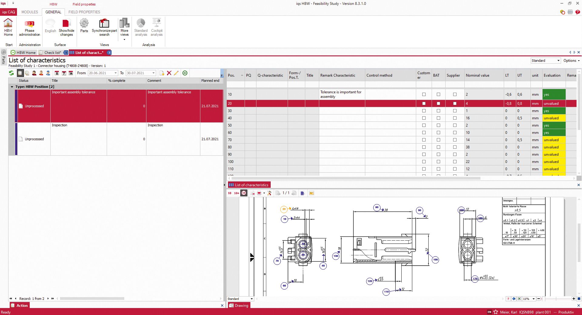 Software screen Characteristics list feasibility study incl. 2D drawing