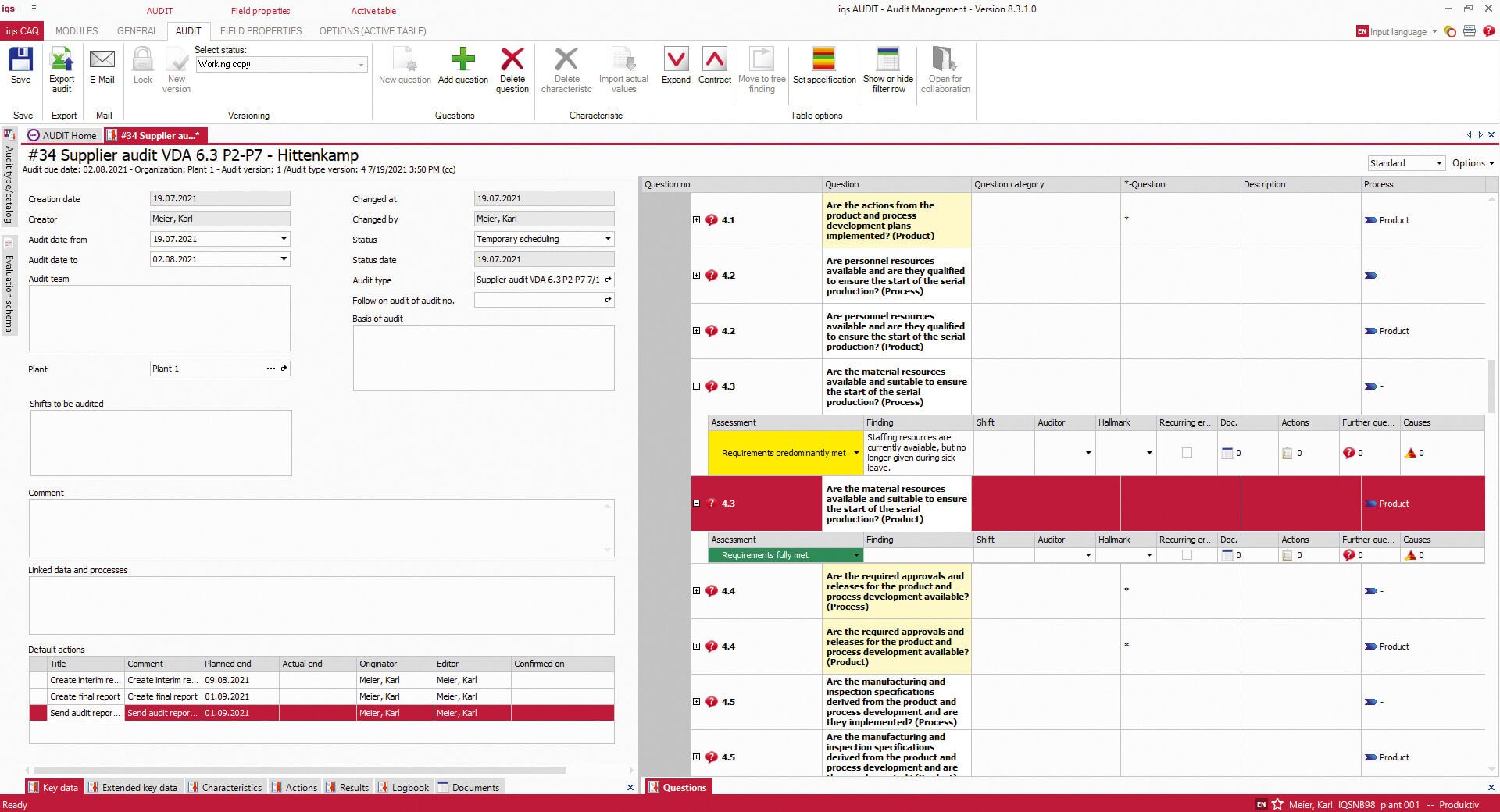 Software screen question catalog for supplier audit