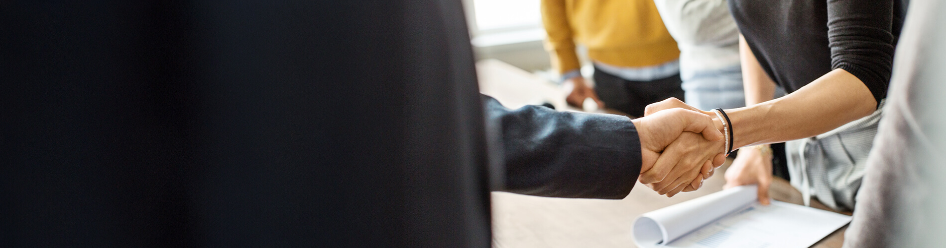 Two people shake hands.