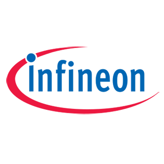 Infineon logo with blue text and red swoosh.