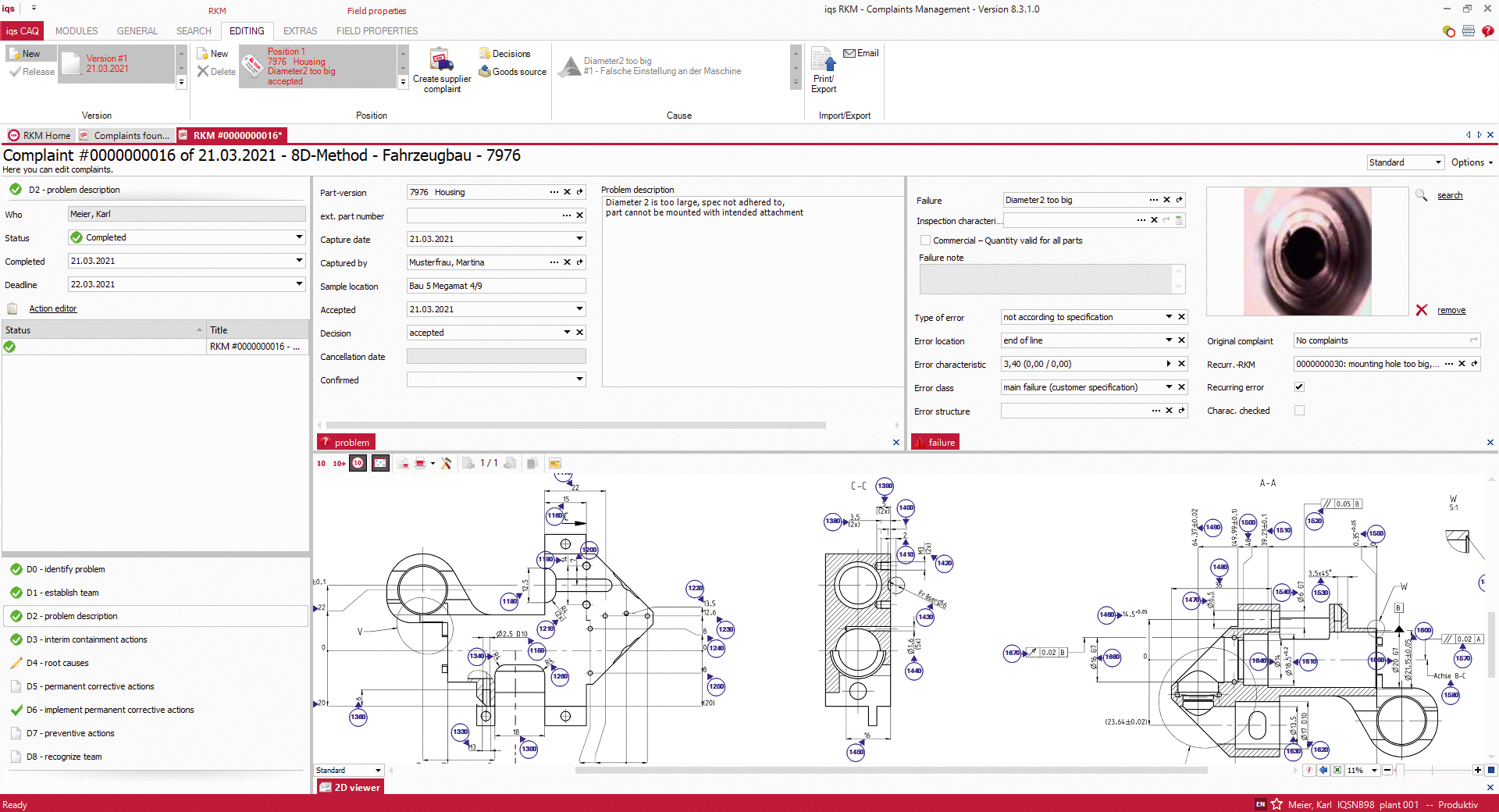 Software screen Problem description of a complaint with 2D drawing